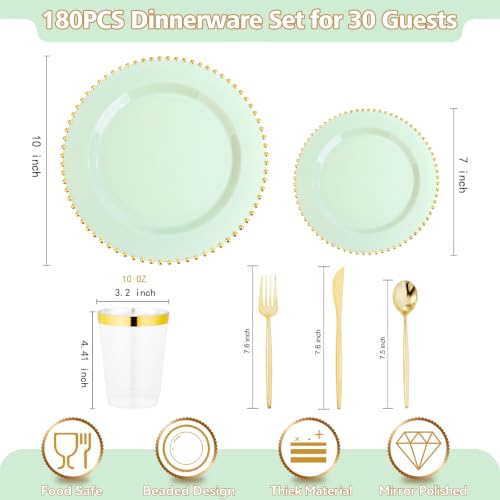 180Pcs Sage Green Plastic Plates for Wedding Party Supplies (Green and Gold Plastic Dinnerware Set / 180PCS)