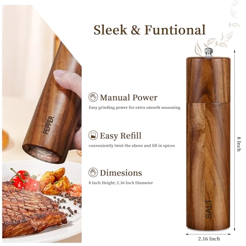 2 Pack Acacia Wooden Salt and Pepper Grinder Set 8 Inches Refillable