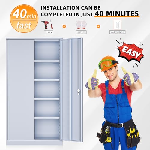 Metal Storage Cabinets 72” Cement Grey Garage Steel Storage Cabinet with Doors and Shelves (Cement / 72")