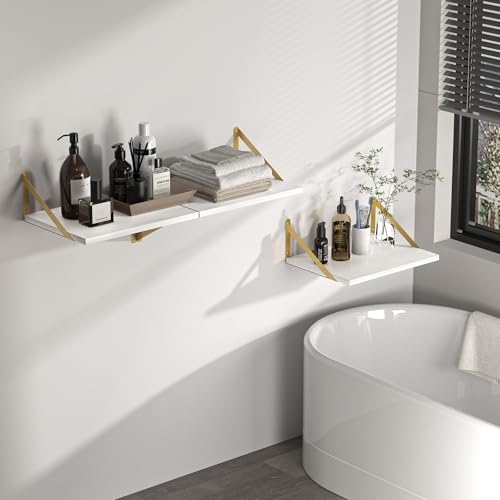 16W x 12D Deep Floating Shelves Set of 2 White & Gold (White With Golden Bracket / 16wx12dx5.8h)