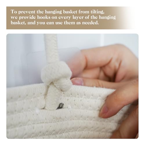 3 Tier Hanging Baskets for Storage with Pearl Button Strap (White&Jute / 3 tier+Pearl Button)