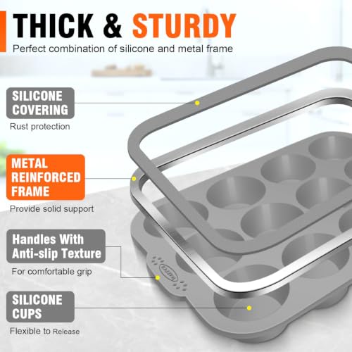 Silicone Muffin Pan with Metal Frame (2 Pcs: 12 Cups with frame, Regular Grey)