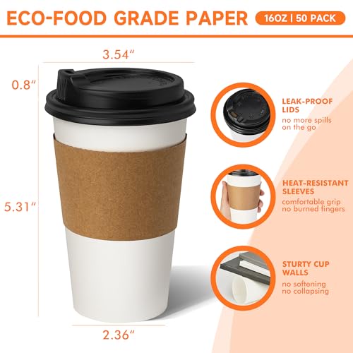 50 Pack 16 oz Disposable Coffee Cups with Lids and Sleeves (White / 16 oz)