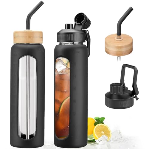 32oz Glass Water Bottle with Straw and 2 Lids (Black / 32 Ounces)