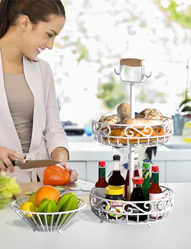 2 Tier 𝐅𝐫𝐮𝐢𝐭 𝐁𝐚𝐬𝐤𝐞𝐭 and Fruit Bowl (White)