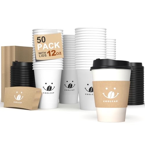 Coffee Cups with Lids and Sleeves (White- 50packs / 12 oz)