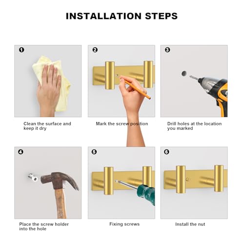 Gold Wall Mount Coat Rack (Gold / 5 "T" Hooks, 2PACK)