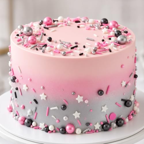 Silver & Black & Pink & White Sprinkles Mix Size Pearls Mouse Rock Themed Cake Decorations Cupcake Toppers Perfect for Wedding Valentine Supplies 4.58OZ (Silver&Black& Pink&White)