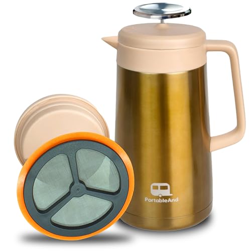 34oz Double Vacuum Insulation Large Silicone French Press Coffee Maker (Light Gold)