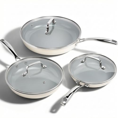 Ceramic Nonstick Frying Pans with Lids (Cream & Grey / 3 Pack with Lids)