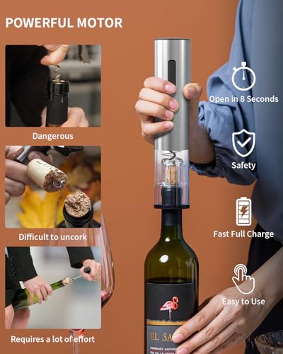 5-in-1 Electric Wine Opener Set Rechargeable Stainless Steel Automatic Corkscrew Wine Bottle Opener Set with Foil Cutter, Wine Aerator Pourer, Vacuum Wine Stopper and Storage Base, Silver