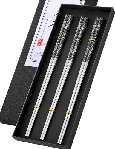 Metal Chopsticks Reusable (Floral Black 3 Pairs)