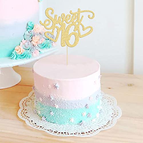 1Pc Sweet Teenager 16 Cake Topper Glitter 16th Birthday Cake Pick for Cheers to 16 Years Old 16th Birthday Party Cake Decorations Supplies Gold (Gold 1pc-teenager)