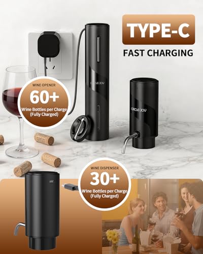 5-in-1 Electric Wine Bottle Opener Set, Rechargeable Wine Opener Kit, Cordless Wine Gift Set with Foil Cutter, Electric Aerator & Pourer and Vacuum Stopper for Wine Lovers, Black (Upgrade Black / Electric Wine Aerator Set)