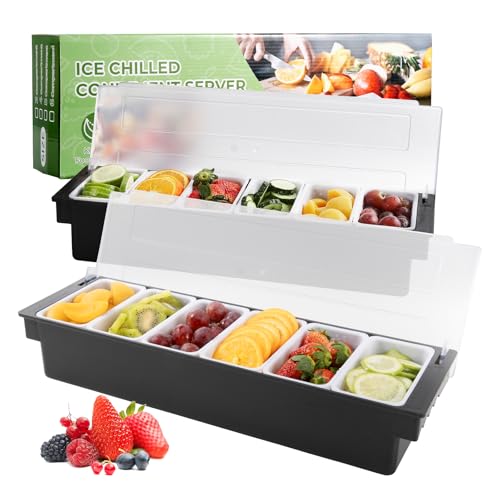 Ice Chilled Condiment Caddy with 6 Removable Trays and Lid (6 Compartment, 2 Pack)