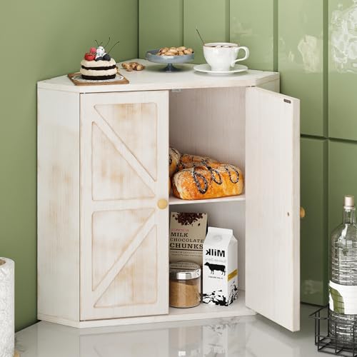 Corner Bread Box for Kitchen Counter Double Layer Bamboo Bread Storage Container Large Capacity Bread Storage Bin Farmhouse Breadbox Organizer (Antique White)
