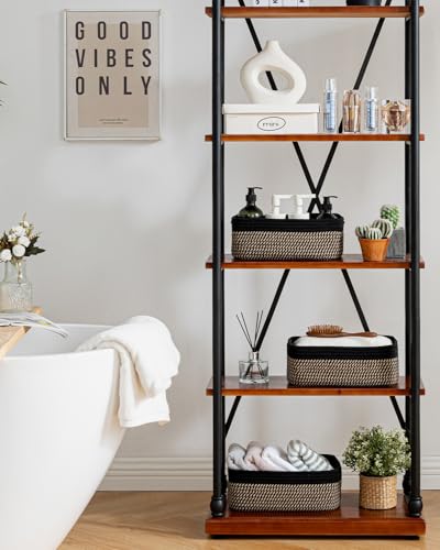 Small Woven Storage Basket for Organizing (Black & Brown / 12"L x 8"W x 4.5"H)
