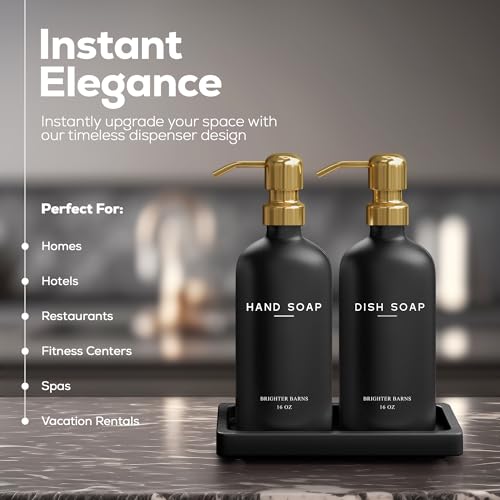 Luxury Glass Hand and Dish Soap Dispenser Set by Brighter Barns (Black/Gold Hd)