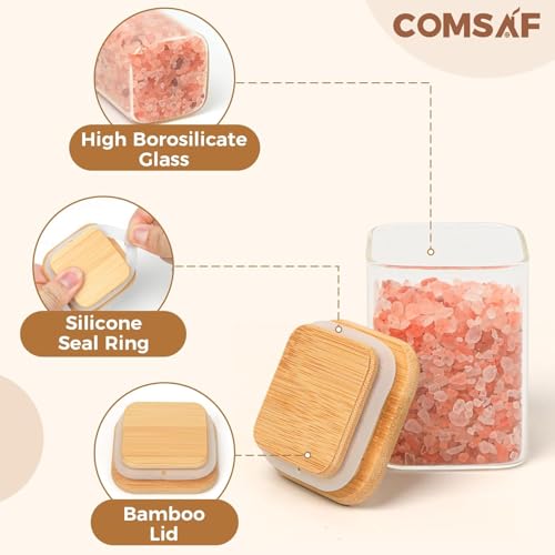 Square Glass Spice Jars with Labels 6 oz 6 Pack with Bamboo Lids (6 Count)