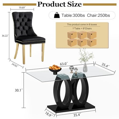 63" Glass Dining Table Set for 6 (Black Table & Gold Black Chair / 7-Piece Set-Double O-Shaped Table)