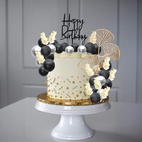 57Pcs Balls Cake Topper Boho Grass Cake topper Pearl Balls Acrylic Happy Birthday Cake Decorations for Wedding Baby Shower Birthday Boho Themed Party Supplies Black Silver (Black Silver)