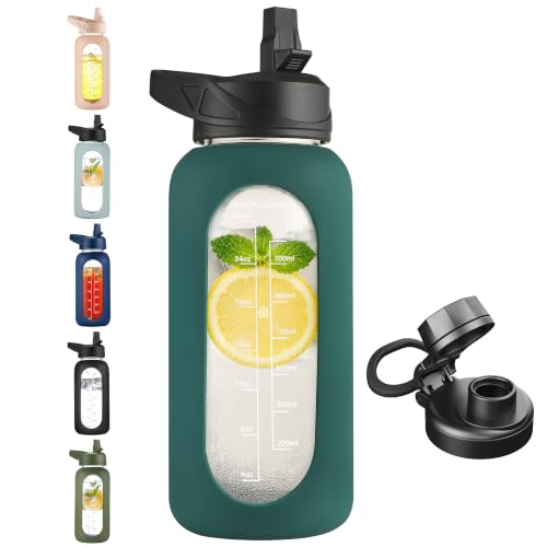 32 oz Glass Water Bottle with Straw (Modern Dark Green / 32 Ounces)