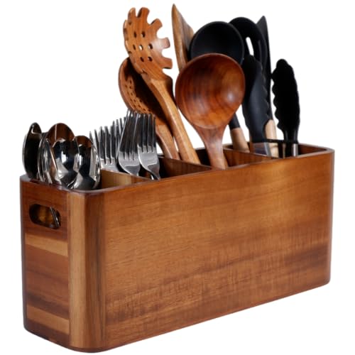 Wooden Kitchen Utensil Holder Organizer for Counter or Countertop (Acacia / 4 Compartment)