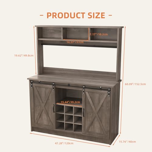 47" Farmhouse Coffee Bar with Storage Hutch & Wine Rack (48Inch / Grey)