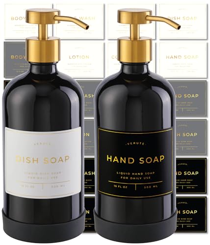 Hand and Dish Soap Dispenser for Kitchen and Bathroom (Gloss Black Bottle / Brushed Gold Pump)