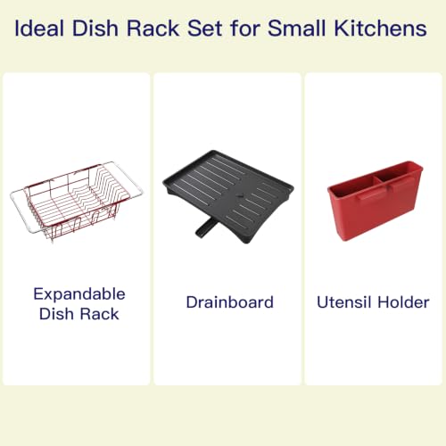 Red Expandable Dish Drying Rack Over Sink with Extra Drainboard (Red / For 11.5"-16" W Sink with Cup Holder & Drainboard)