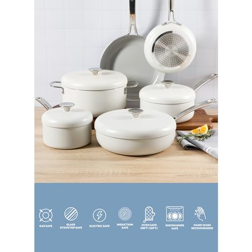 Kitchen Essentials Potluck Porch 10 Piece PFA Free Ceramic Non stick Interior Forged Aluminum Cookware Pots and Pans Set W (10-Piece Cookware Set / Linen White)