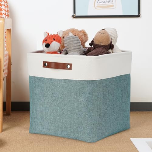 Storage Bins 4 Pack Of 13x13x13 Decorative Storage Cube Bins Suit Office (White&Dark Green / L-13"x 13"x 13")