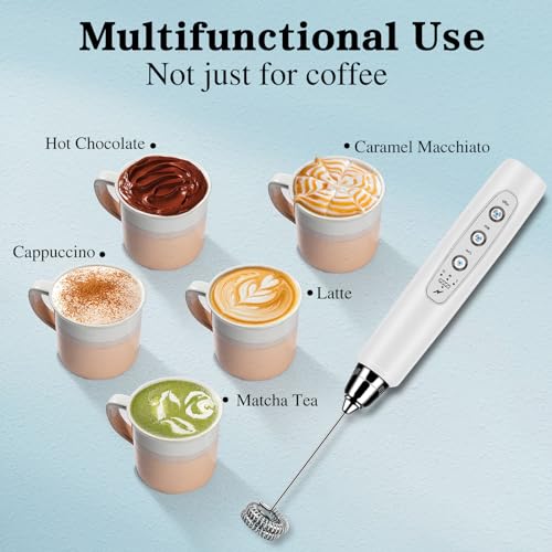 Milk Frother Wand Rechargeable Handheld Whisk Coffee 3 Speed Adjustable (Frother with stand / White)