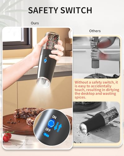 Rechargeable Electric Salt and Pepper Grinder Set Gravity Salt and Pepper Mills Set with LED Light (Rechargeable / Black)