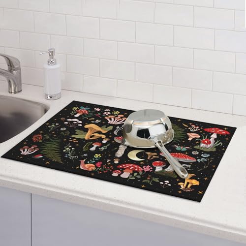 Mushroom Dish Drying Mat for Kitchen Counter 18"x24" Moth Gothic Witchy Dishes Pad Dish Drainer Rack Mats Microfiber Washable Absorbent Kitchen Decor (Mushroom Moth / 18 x 24 inch)