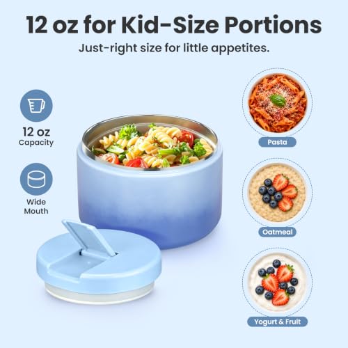 12oz Insulated Vacuum Food Jar with Buckle Lid Wide Mouth Soup Thermo for Hot Food Kids Leakproof Stainless Steel Lunch Container (Gradient Blue / 12OZ)