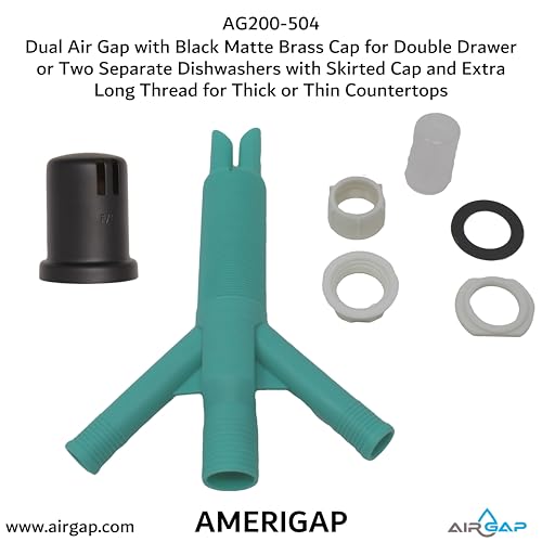 Dual Air Gap with Black Matte Brass Cap for Double Drawer or Two Separate Dishwashers with Skirted Cap and Extra Long Thread for Thick or Thin Countertops (AG200-504)