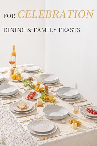 24 Piece Embossed Ceramic Dinnerware Set (White-Mixed Embossment / Service for 8-24Pcs (Pasta Bowl))