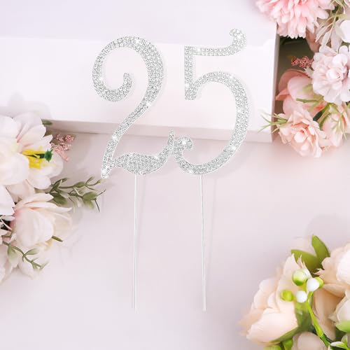 Silver 25th Birthday Cake Topper Rhinestones Cake Decorations for 25th Birthday Party (25th- Silver)