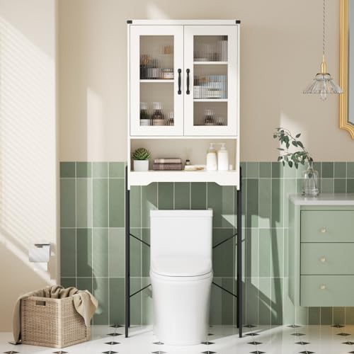 Over The Toilet Storage Cabinet with Tempered Glass Doors & Adjustable Shelf