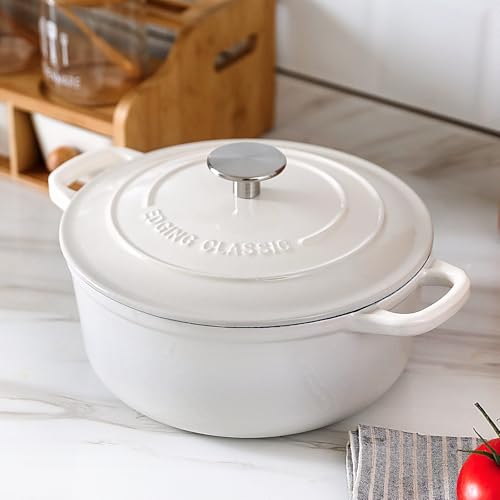 Cast Iron Dutch Oven With Lid Round Pot Enameled Covered for Bread Baking (White / 7QT)