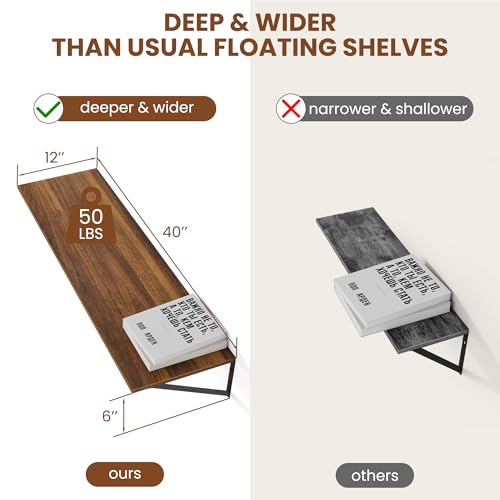 40W x 12D Deep Floating Shelves Set of 2 Walnut (Walnut With Black Metal Bracket / 40Wx12Dx5.8H)