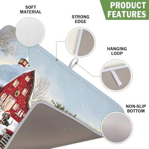 Red Truck Dish Drying Mat Winter Xmas Tree Drainer Rack Pad 16"x18" Microfiber Absorbent Quick Dry Dish Sink Mat for Table Kitchen Counter (Red Truck Snowman / 16x18 inch)