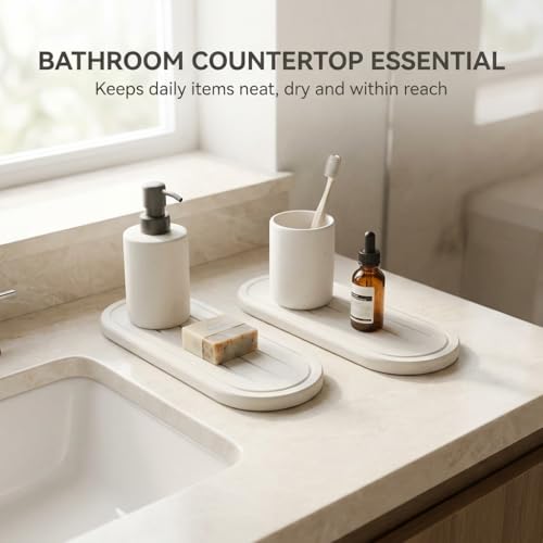 2PCS Water Absorbing Stone Drying Tray Mat for Bathroom Sink & Kitchen Counter Faucet Organizer Decor (2 Pack - Natural White / 10"x 3.8")