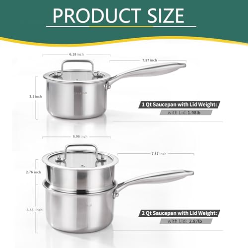 Tri Ply Stainless Steel Saucepan 1QT 2QT Kitchen Pot Set (Silver)