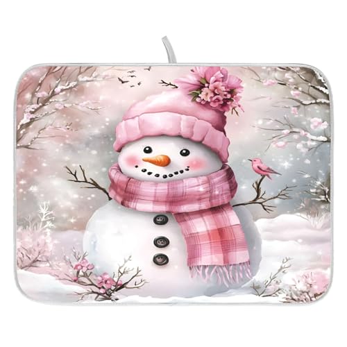 Winter Pink Snowman Dish Drying Mat for Kitchen Counter Absorbent Microfiber Christmas Small Drying Pad Dish mats for Kitchen Countertops 16 x 18 Inch (Christmas Pink Snowman / 18" x 16")