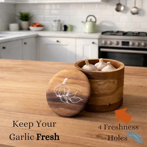 The Garlic Shack Acacia Wood Garlic Keeper For Counter With Lid 4 Inch (Regular)