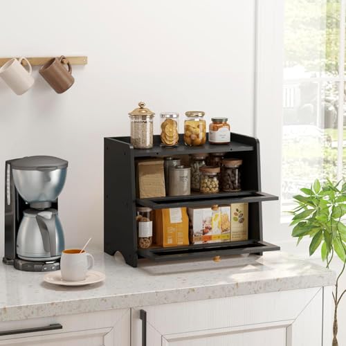 Double Layer Bread Box Container for Kitchen Countertop Homemade Bread (Black / 2 Tier-Medim)