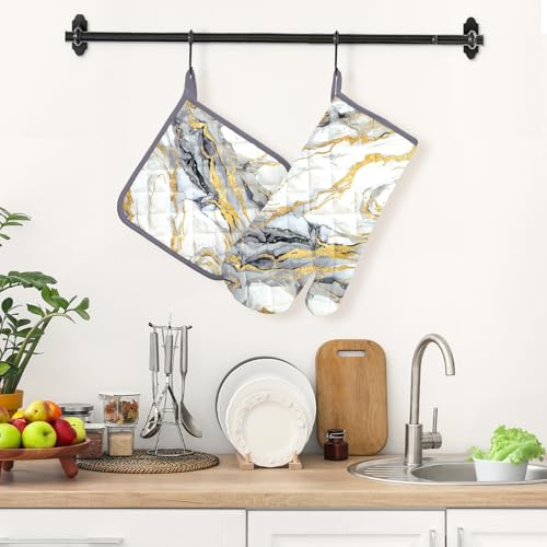 White Gold Marble Oven Mitts and Pot Holders Sets 2Pcs (Marble / Oven Mitt x1 & Pot Holder x1)