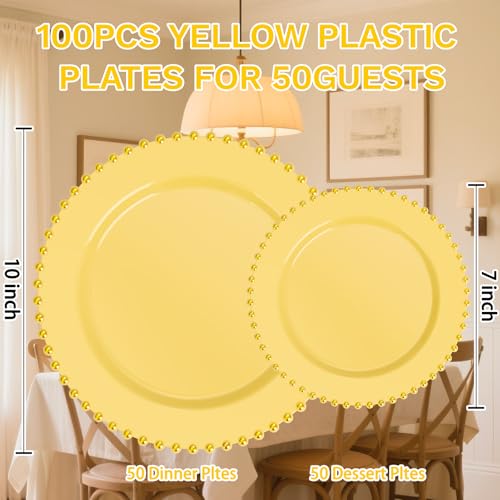 100pcs Elegant Yellow Plastic Plates with Gold Beaded for Wedding (Yellow and Gold Plastic Plates / 100PCS)